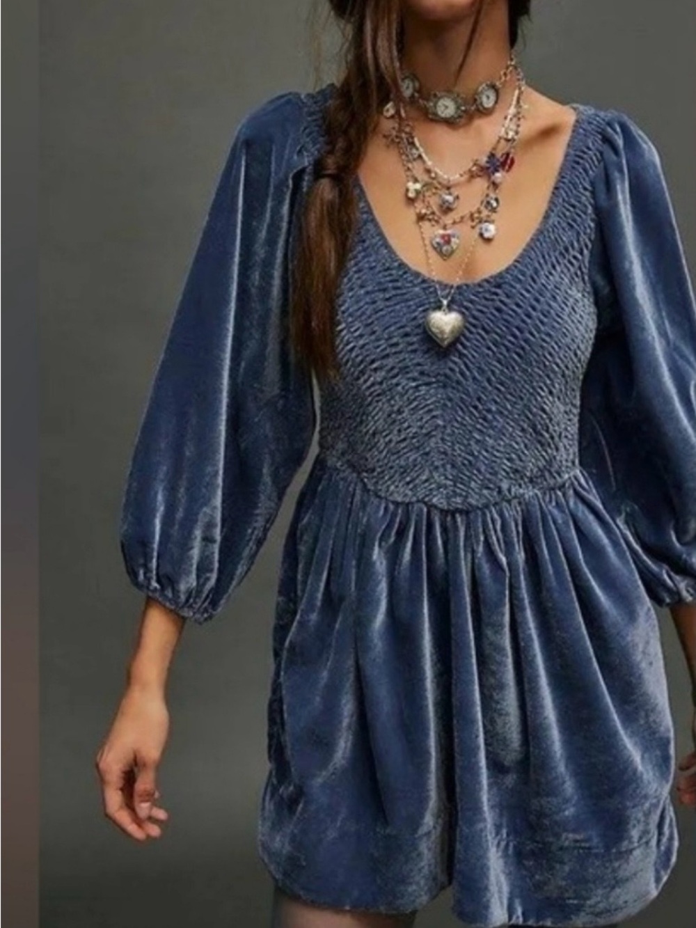 NWT!! #863 FREE PEOPLE Smocked Velvet Mini Dress in Dusty Blue